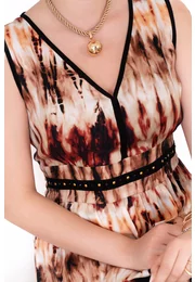Rochie lunga rapsody din vascoza cu print tye-dye in nuante de cream-coniac