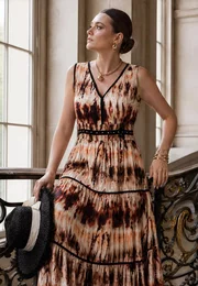 Rochie lunga rapsody din vascoza cu print tye-dye in nuante de cream-coniac