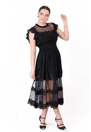 Rochie midi quiet luxury din voal de matase si treceri fine de texturi si broderie