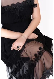 Rochie midi quiet luxury din voal de matase si treceri fine de texturi si broderie