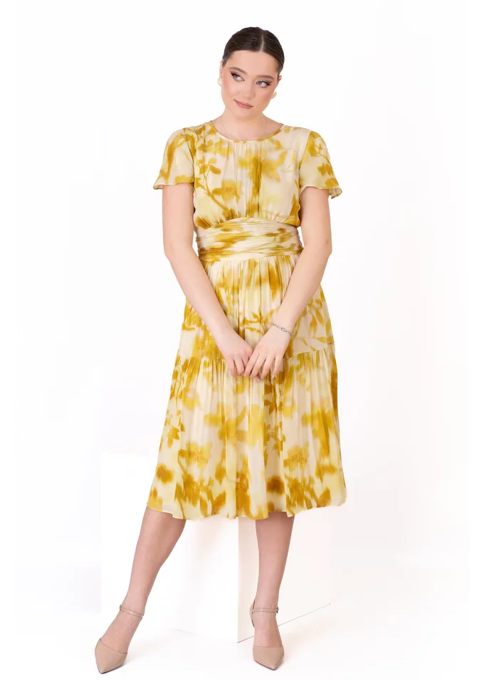 Rochie rafinata din vascoza soft vanilla cu print floral