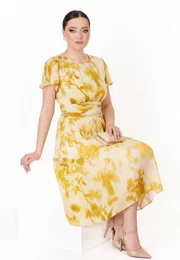 Rochie rafinata din vascoza soft vanilla cu print floral