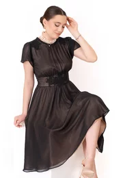 Rochie rafinata gold beige accesorizata cu dantela