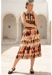 Rochie rapsody din vascoza cu print tye-dye in nuante de cream-coniac