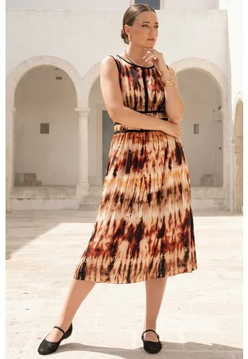 Rochie rapsody din vascoza cu print tye-dye in nuante de cream-coniac