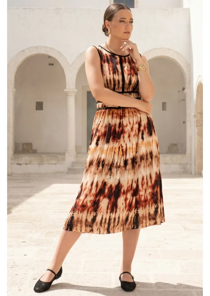 Rochie rapsody din vascoza cu print tye-dye in nuante de cream-coniac