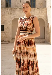 Rochie rapsody din vascoza cu print tye-dye in nuante de cream-coniac