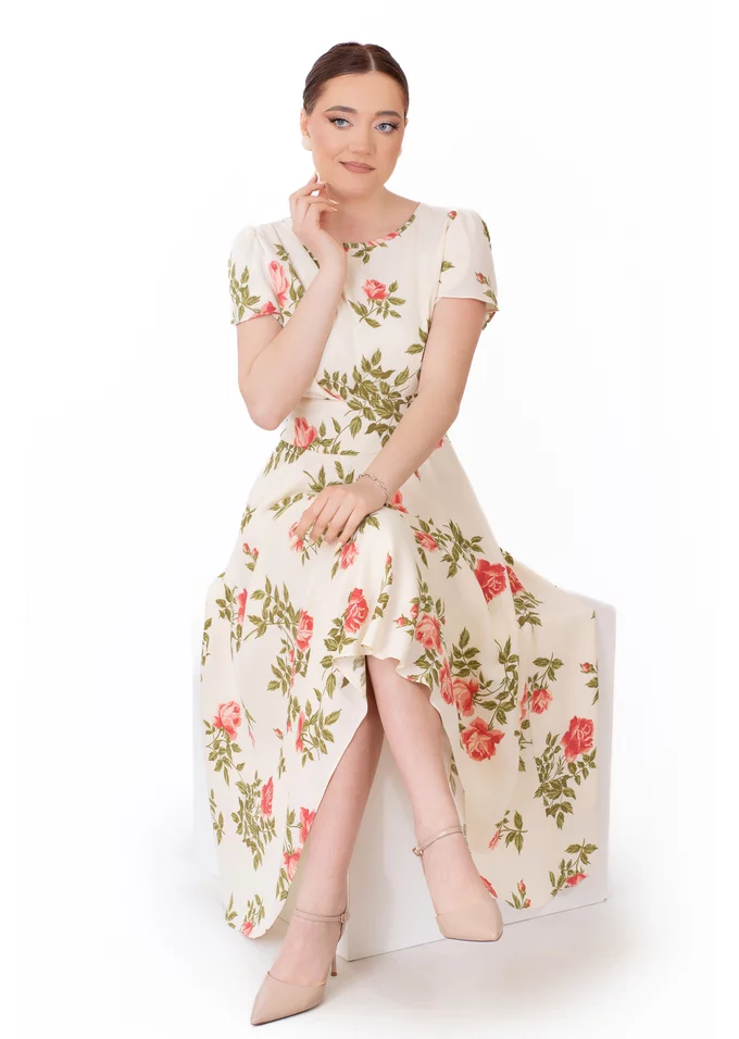 Rochie romantica din vascoza cu imprimeu rose