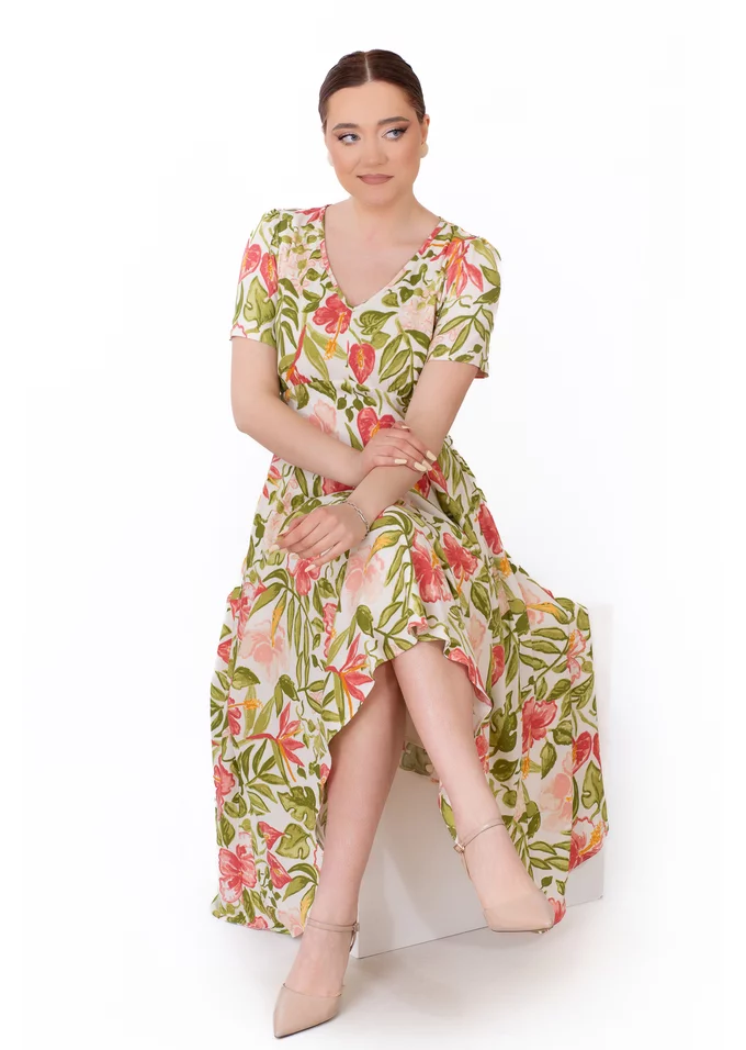 Rochie romantica din vascoza cu imprimeu rose si decolteu in V