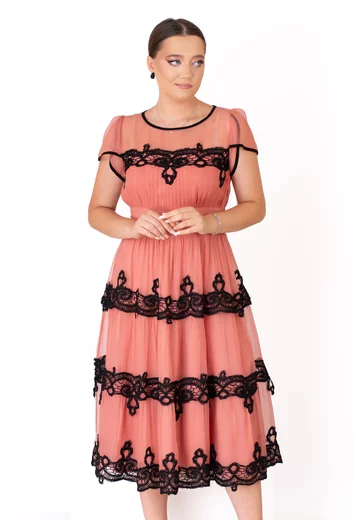 Rochie rust in bloom din organza cu broderii negre in contrast