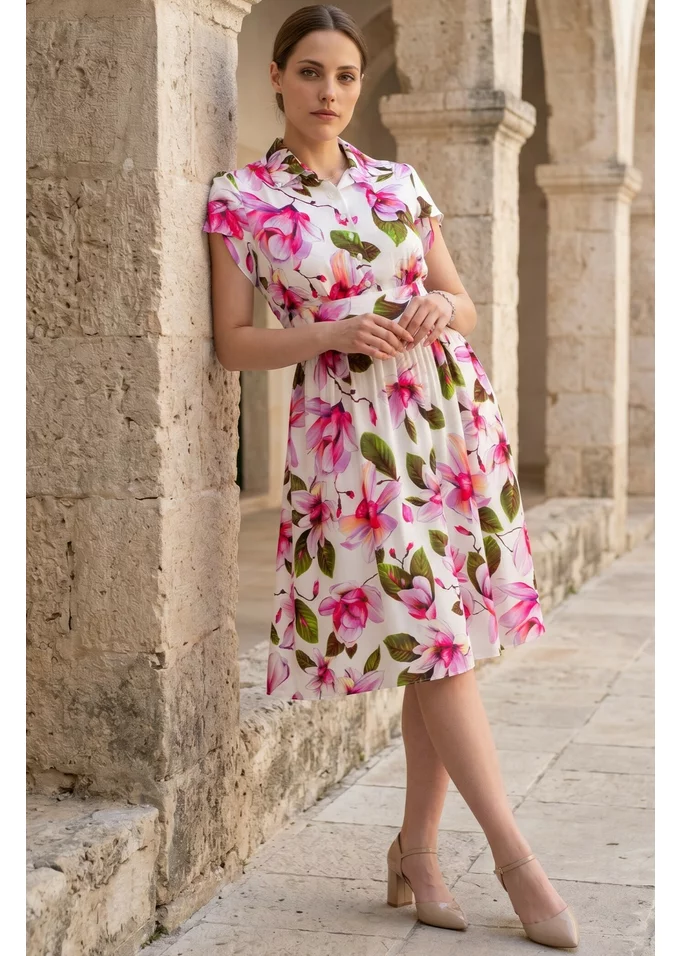 Rochie tip camasa cu imprimeu floral roz