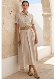 Rochie tip camasa din in natur cu dungi fine