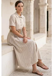 Rochie tip camasa din in natur cu dungi fine