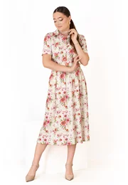 Rochie tip camasa din vascoza cu print flori de camp