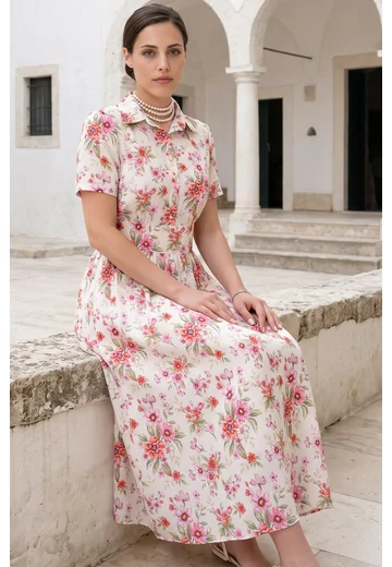 Rochie tip camasa din vascoza cu print flori de camp