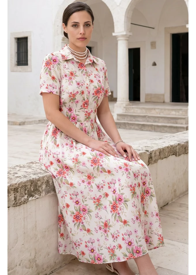 Rochie tip camasa din vascoza cu print flori de camp
