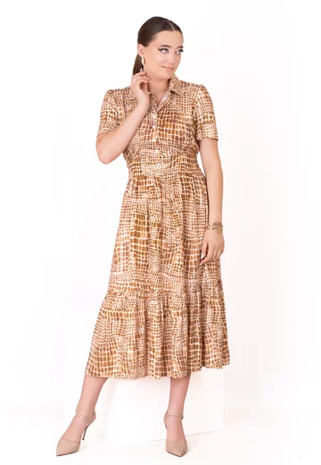 Rochie tip camasa din vascoza imprimata coniac crem vibrat -