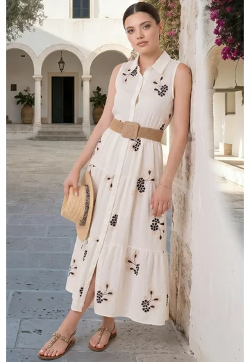 Rochie tip camasa ivory accesorizata cu broderie si cordon
