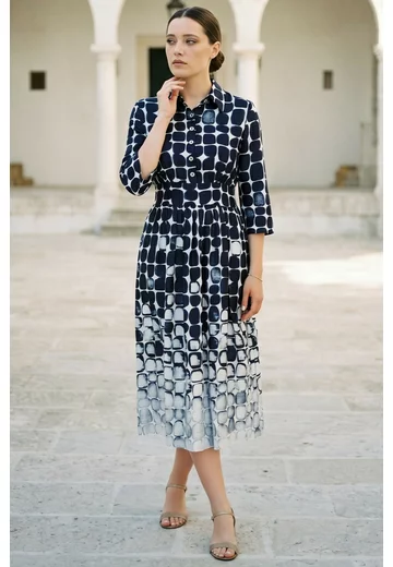 Rochie tip camasa navy cu print abstract geometric