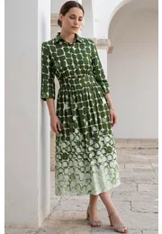 Rochie tip camasa verde jad cu print abstract geometric