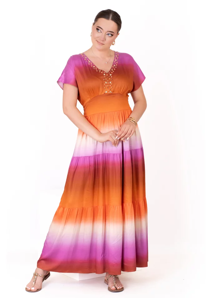 Rochie tip chimono cu pietre din vascoza imprimata tie-dye in nuante solare