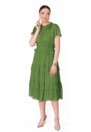 Rochie verde crud sweet ruffles din matase fina decorata cu floare
