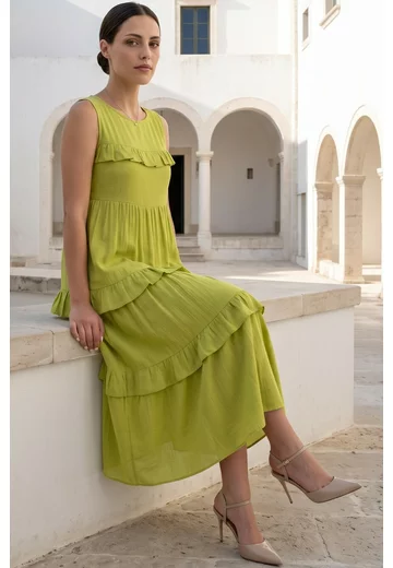 Rochie verde fistic din panza topita