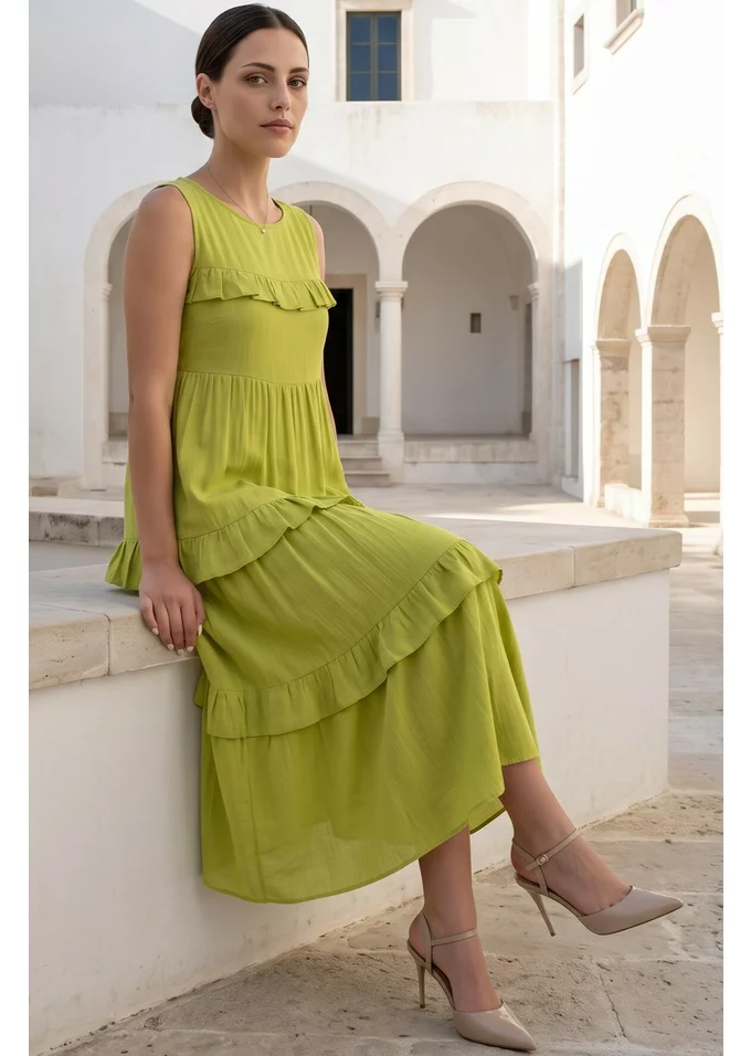 Rochie verde fistic din panza topita