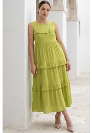 Rochie verde fistic din panza topita