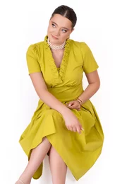 Rochie verde neon  din popliin cu detaliu tip volan