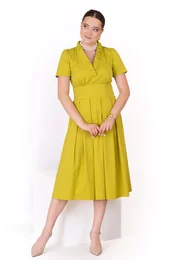 Rochie verde neon  din popliin cu detaliu tip volan