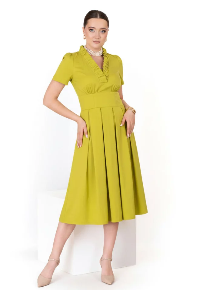 Rochie verde neon  din popliin cu detaliu tip volan