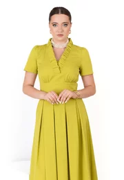 Rochie verde neon  din popliin cu detaliu tip volan