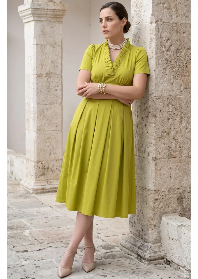 Rochie verde neon  din popliin cu detaliu tip volan
