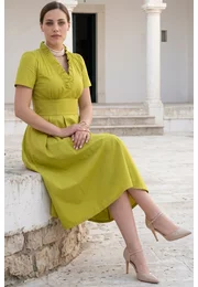 Rochie verde neon  din popliin cu detaliu tip volan