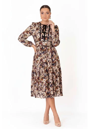 Rochie vintage amour din vascoza  imprimata in stil boem accesorizata cu fundite