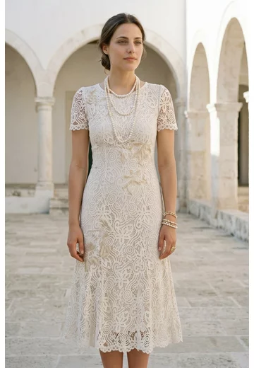 Rochie whisper din dantela macrame ecru natur decorata cu broderie