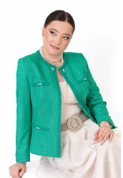 Sacou aqua glittery cu benzi impletite din stofa melange