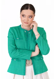 Sacou aqua glittery cu benzi impletite din stofa melange