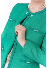 Sacou aqua glittery cu benzi impletite din stofa melange