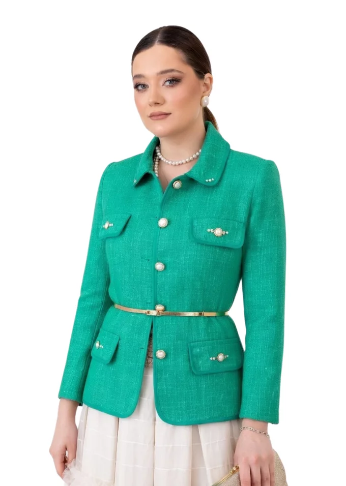 Sacou aqua green cu paspol glittery si clape