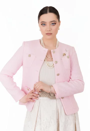 Sacou blush rose din tweed cu buzunare