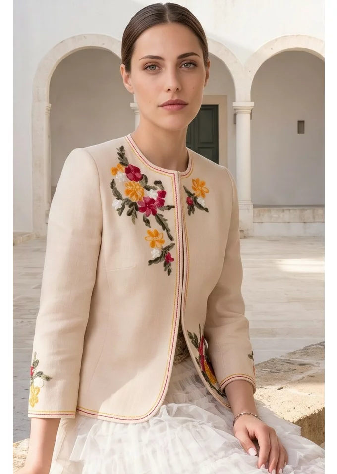 Sacou bohemia din bumbac natur cu broderie policolor