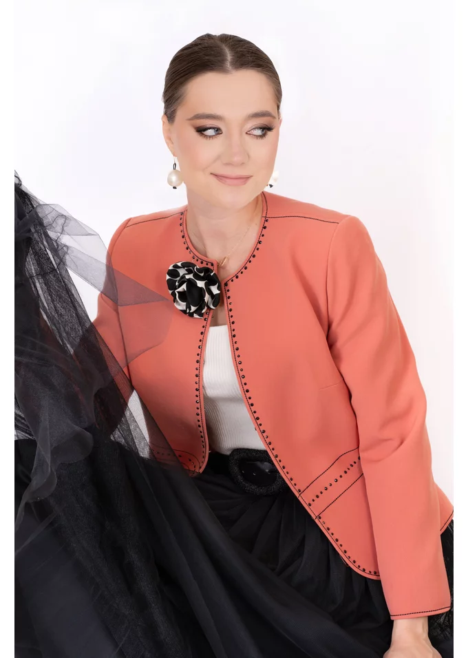 Sacou charlene burn peach cu detaliu floral tip brosa