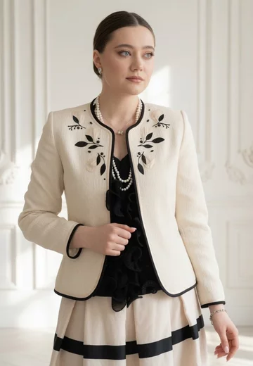 Sacou cream gold petals din tweed de bumbac