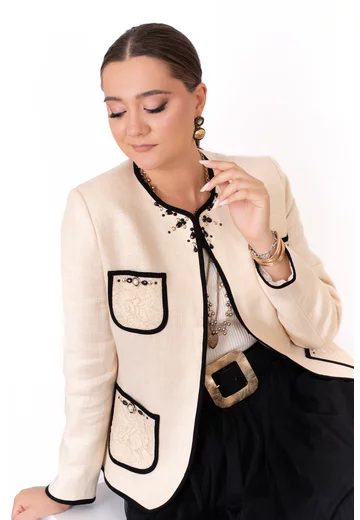 Sacou cream seraphina cu insertii din dantela ton in ton