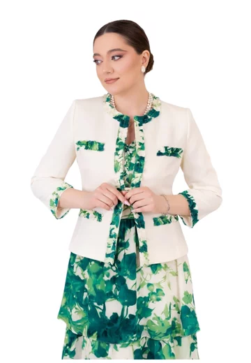 Sacou cu detalii aqua green accesorizat cu perle