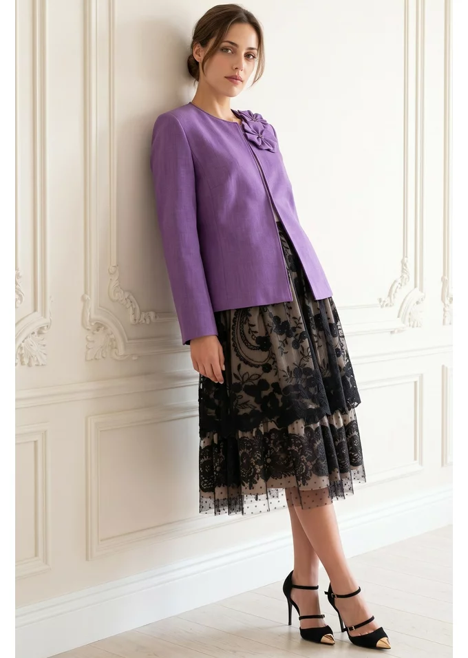 Sacou cu flori elegance purple din stofa usor melanjata