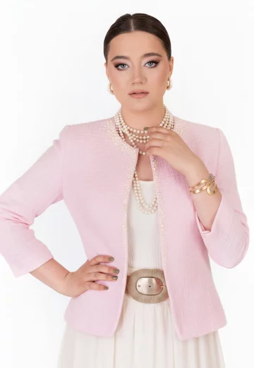 Sacou de vara baby pink din tweed de bumbac cu perlute