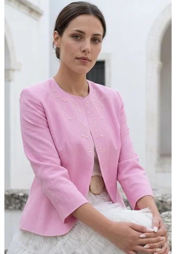 Sacou din in baby pink decorat cu perle